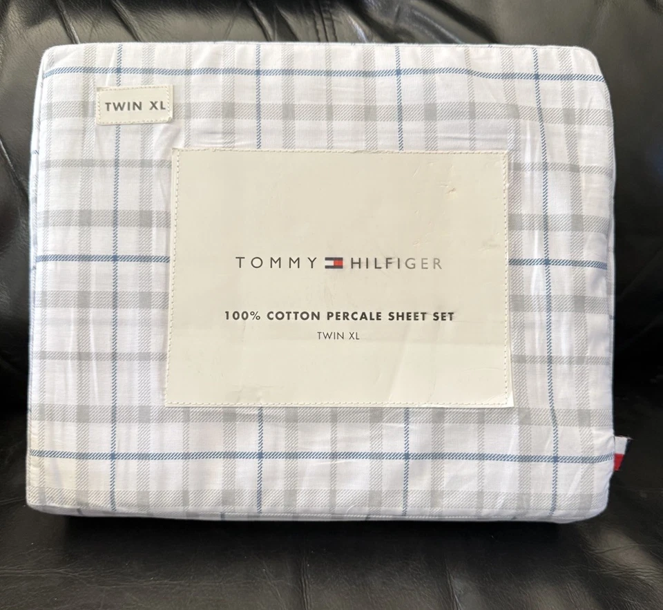 Juego de sábanas Tommy Hilfiger Newton a cuadros azul blanco gris 100 % algodón Twin XL 3 piezas Foto 2 de 4