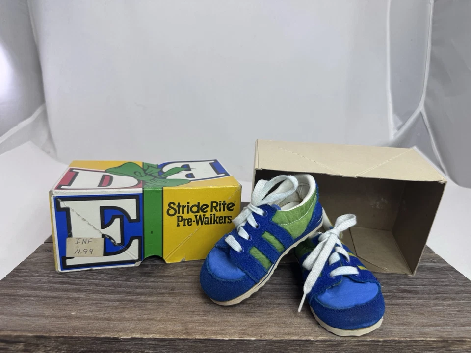 复古 Stride Rite Pre-Walkers 婴儿鞋 90 年代蓝色黄色绿色 尺寸 3D 婴儿 带盒 — 第 2/4 张图片