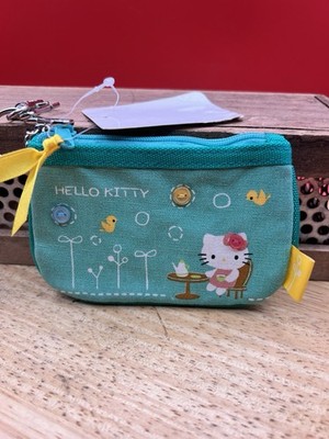 Hello Kitty Sanrio License coin purse/ key chain 2004 green flowers buttons