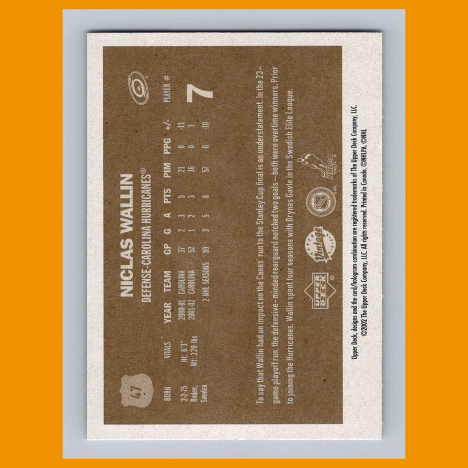 Niclas Wallin #47 2002-03 Upper Deck Vintage Carolina Hurricanes Hockey Card NHL - Image 2 of 3