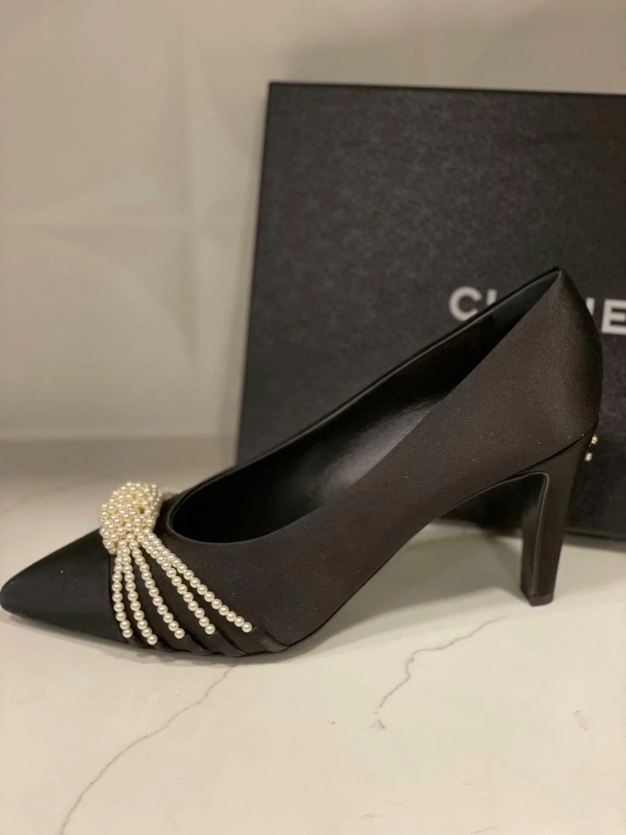 CHANEL Slingback Pearls CC Logo Heels Two Tone Leather Satin Shoes Size 36  W/Box - Chelsea Vintage Couture