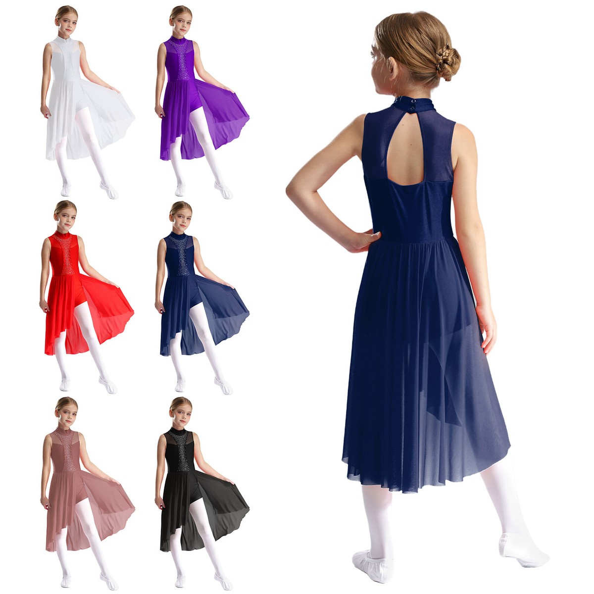 Kids Girls Dance Dress Figure Skating Dresses Flowy Dancewear Side Split Kids Girls Dance Dress Figure Skating Dresses Flowy Dancewear Side Split
