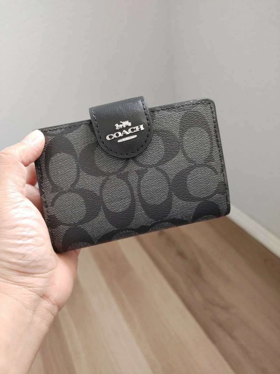 Coach Medium Corner Zip Wallet In Signature Canvas Silver Graphite Black