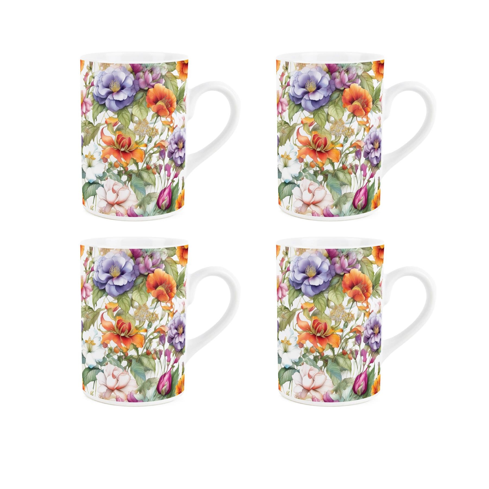 Floral Ceramic Mugs Set of 4 - Pretty Flowers Tea/Coffee Mug Gifts for Her