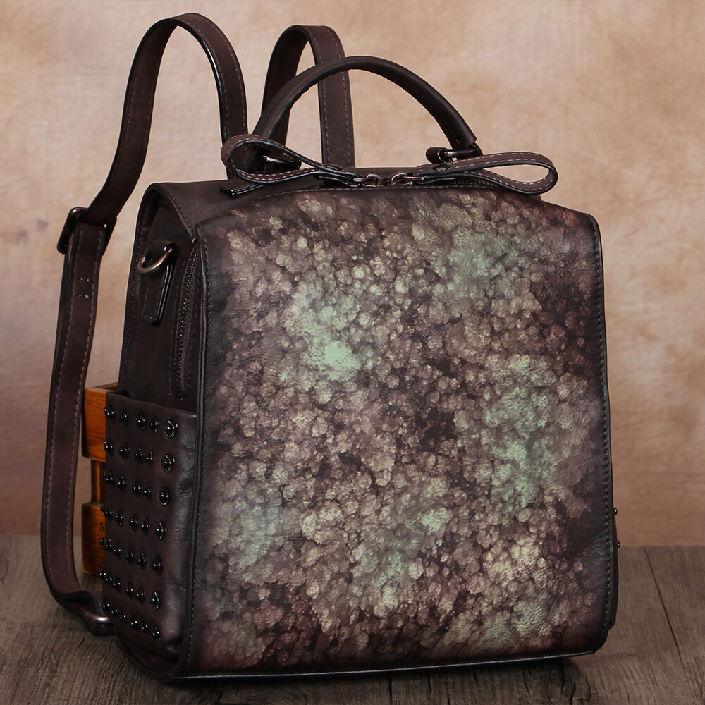 Genuine Leather Backpack for Women Hand Painted Knapsack  display picture 2