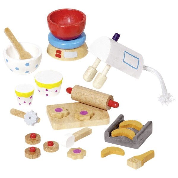 goki Accessoires Backen Kochen Küche Zubehör 22 Teile aus Holz Kinderspielzeug