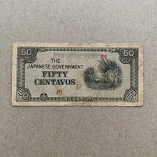 Japanese WW2 Philippines Occupation 50 Centavos 1942 WWII Currency Banknote Bill