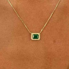 1.30 Ct Natural Green Emerald  Diamond Halo Pendant Necklace 14K Yellow Gold