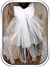 Wedding Bow Veil White Bride Hair Veil Pearl Tulle Hair Clip Veils Short Bach...