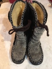 EUC Vintage Snowland Boots Women's Sz 6 Black with Gray Faux Fur Winter