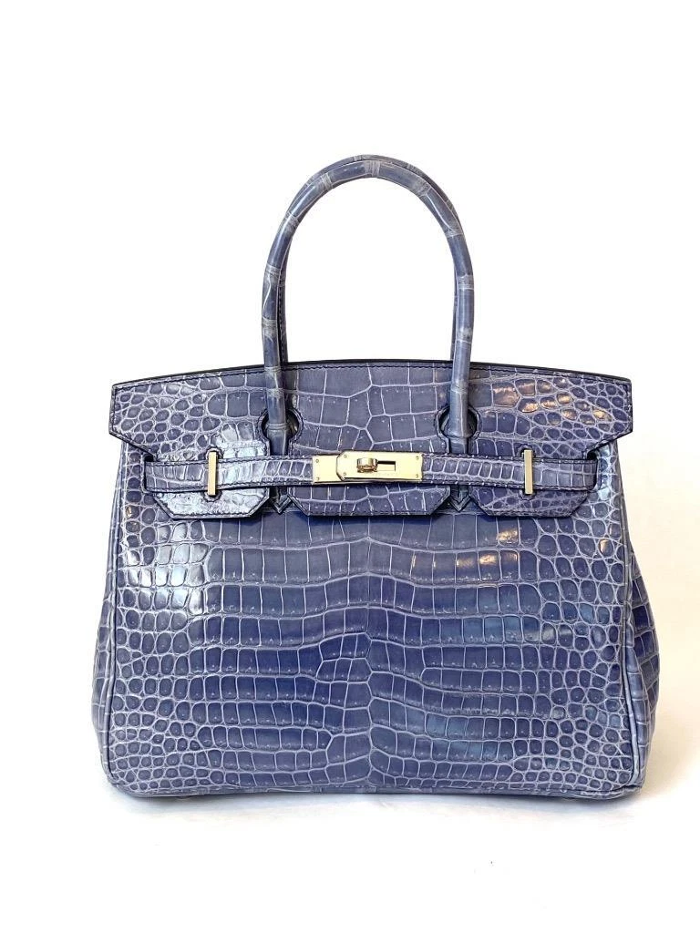 Hermes 30cm Shiny Blue Brighton Porosus Crocodile Birkin Bag with