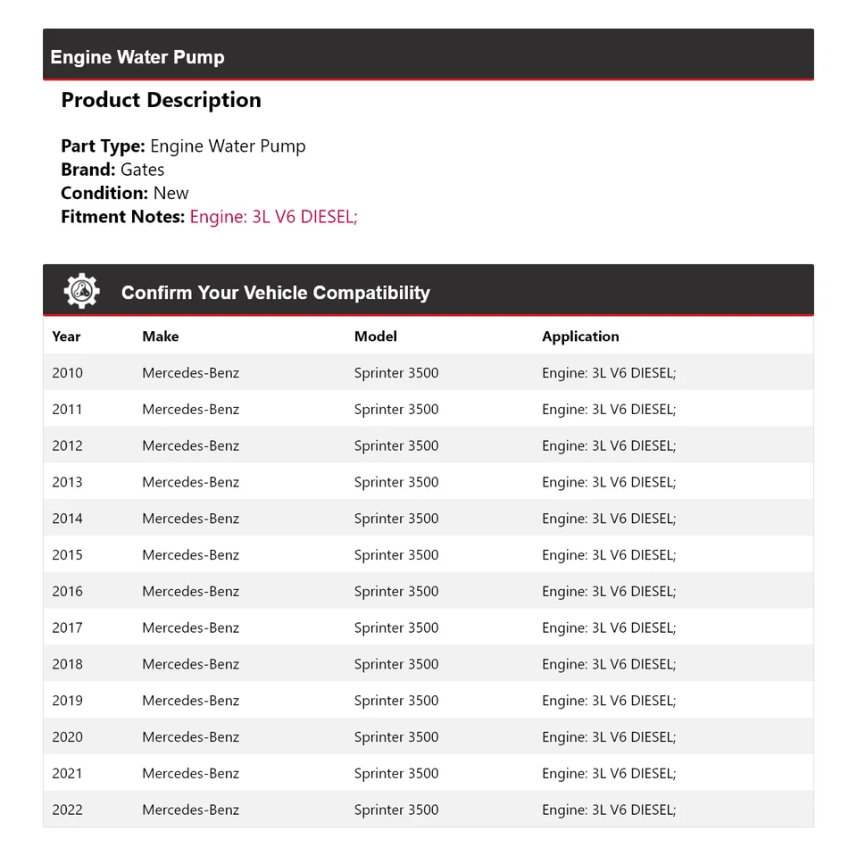 Puertas bomba agua motor diésel 3L V6 para Mercedes-Benz Sprinter 3500 2010-2022 Foto 2 de 4