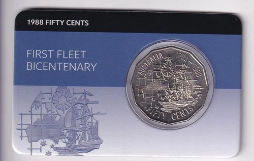 AUSTRALIAN: 1988 50 CENT FIRST FLEET BICENTENARY COIN ON CARD #PL1592
