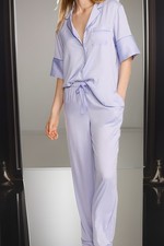 NEW VICTORIA S SECRET Satin Pajama Set Ice Blue Short Sleeve Top Pants L Long