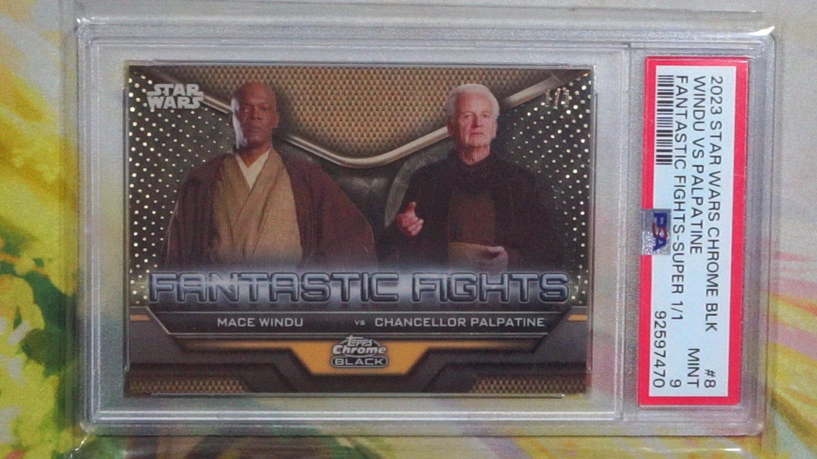 2023 Topps Chrome Black Star Wars #FF-8 Mace Windu vs Palpatine SUPER 1/1 PSA 9 view 2