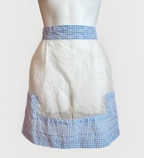 Vintage Half Apron House Cooking Washing White Blue Cross-Stitch Pocket 60s/70s