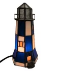 Beautiful VTG Tiffany Style Blue Stained Glass Lighthouse Table Lamp 8.5 In Tall