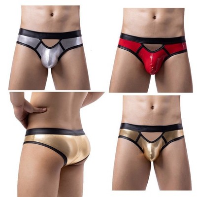 Men's Wet Look Shiny Underwear Low Waisted PVC Leather Briefs Bulge Pouch Thongs