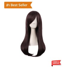 24 Inch Long Side Bangs Wavy Curly Party Wig, Dark Brown