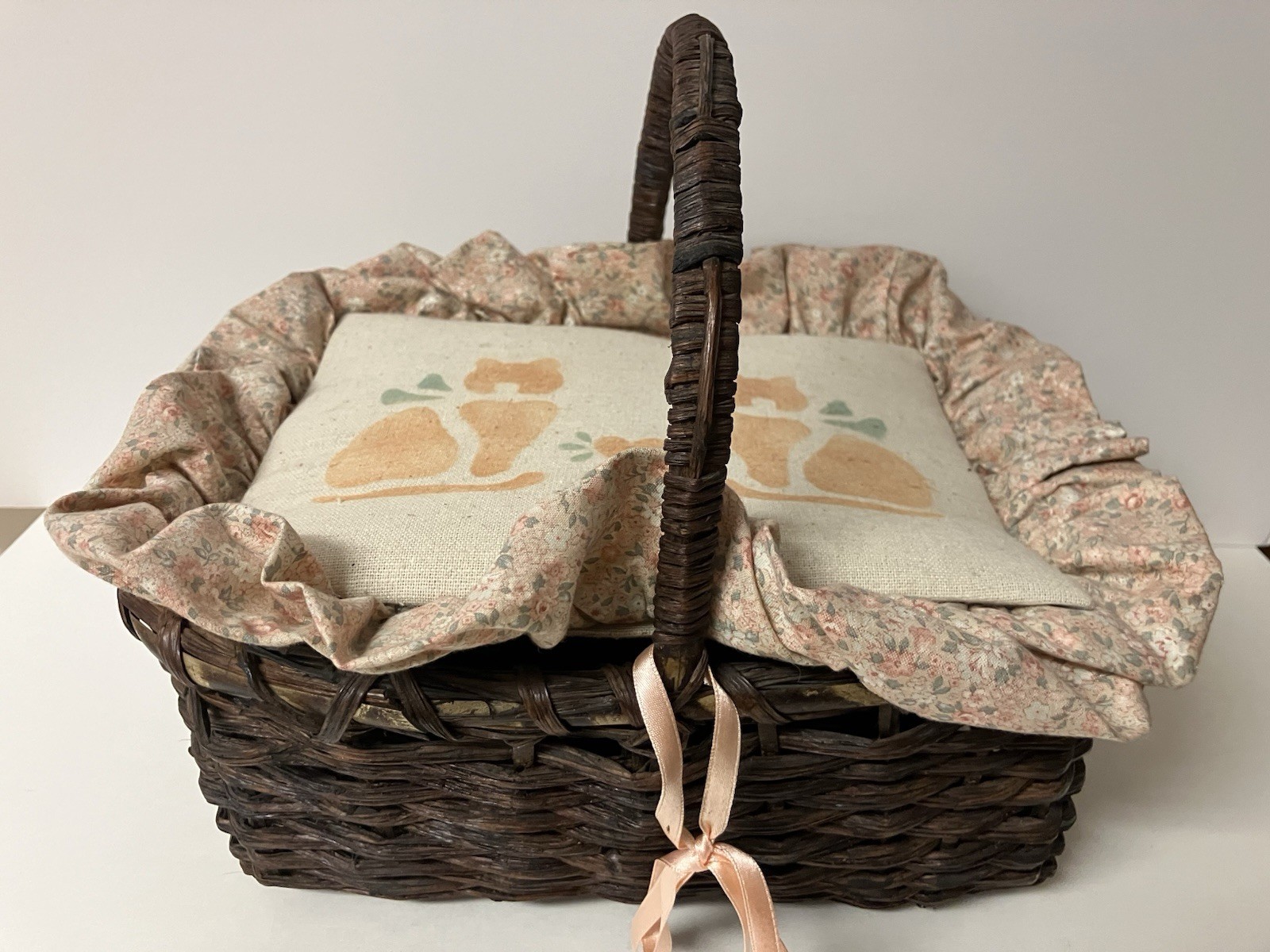 アンティーク猫さん⑥ Vintage Wicker Basket Sewing Basket Decorative Cats Floral 10'' x