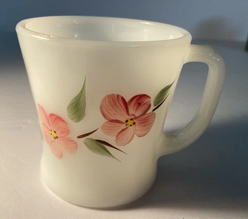 Vtg Fire King Anchor Hocking Pink Flower Milk Glass Coffee Mug 3.25" Read No.31