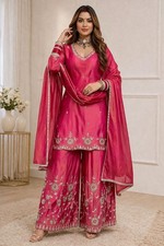 Sequin embroidered pink kurta with palazzo and dupatta set for festive wear