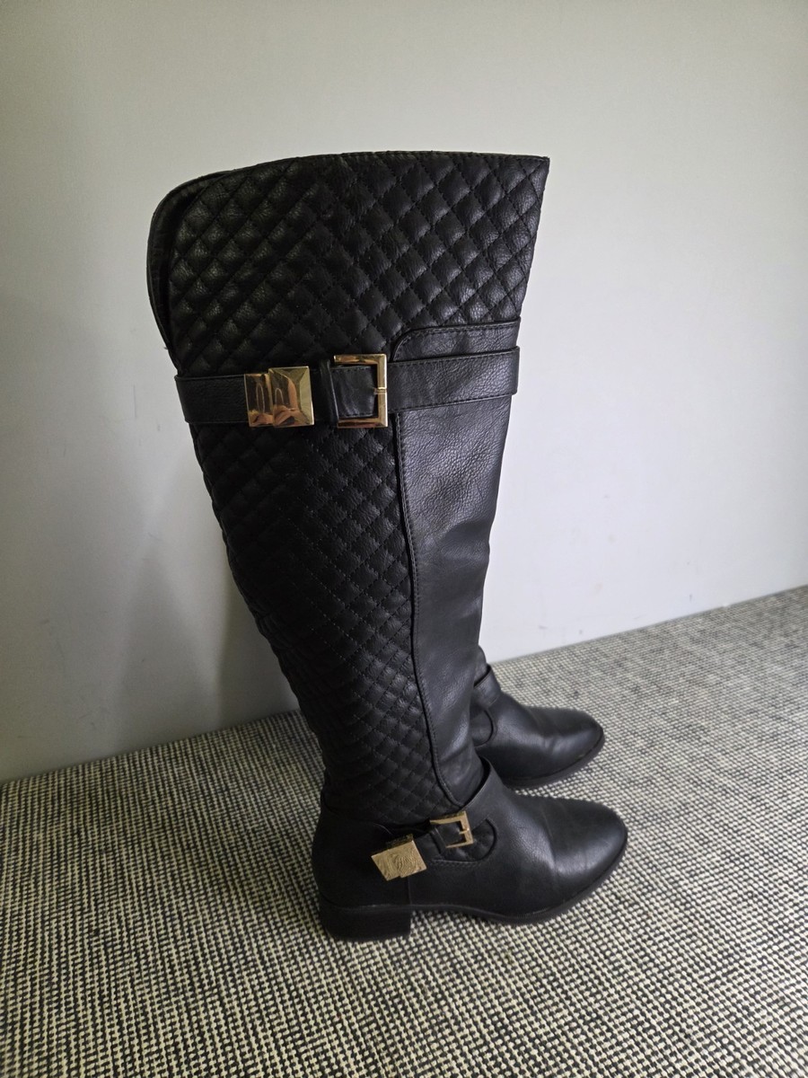 Womens JustFab Black Quilted Knee High Boots Size UK Flat