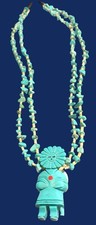 RARE Vtg Carved Turquoise Kachina 2 Strand Necklace Hopi / SW Mid Century NICE 