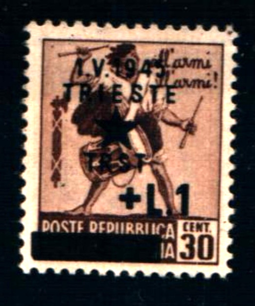 6702B) ITALY -Occup. Yugoslava: Trieste-30 c. + 1 L. Watermark Crown Drum