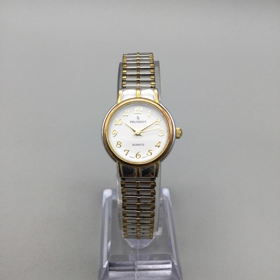 Reloj Peugeot Mujer 23mm Dos Tonos Tono Dorado 412 Banda Expansión Batería Nueva Foto 2 de 4