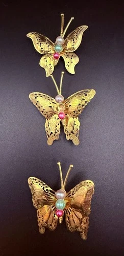 Vintage Costume Jewelry Butterfly Brooch Lot – Lightweight Gold-Tone – One Missi