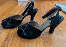 1940s Women's Size 8 1/2 Black Suede PEEP TOE, ANKLE STRAP, PLATFORM HEEL Shoes