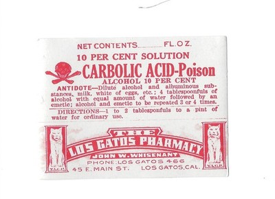 Vintage Carbolic Acid Poison Bottle Label Los Gatos Pharmacy Los Gatos, Ca.