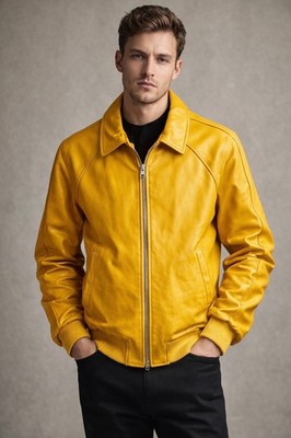 NTW $800 EZZELINO Italy men's collared leather bomber jacket - Yellow - XL