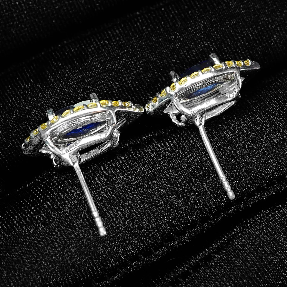 Pendientes con halo de oro blanco de plata de ley 925 de 2,50 quilates con zafiro azul real mal de ojo Foto 4 de 4