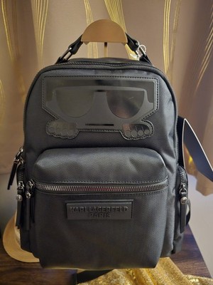 KARL LAGERFELD PARIS Black Zip Backpack Logo, Detachable Strap, Silver L6AKT4FKU