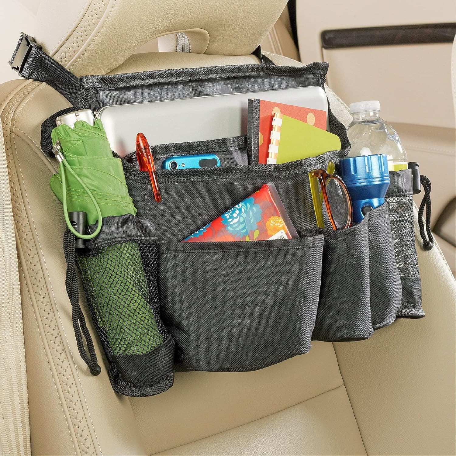 SwingAway Car Front Seat Organizer with 6 Storage Pockets and 2 Bottle or Black