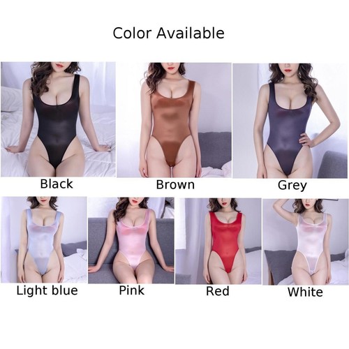Sexy Women's Oil Shiny High Cut Sheer Leotard Bikini Bodysuit Jumpsuit - Picture 4 of 65