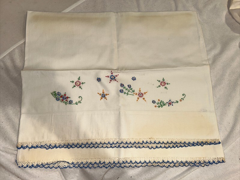 Vintage Pair Of Pillowcases Embroidery Flowers Blue Pink Crochet