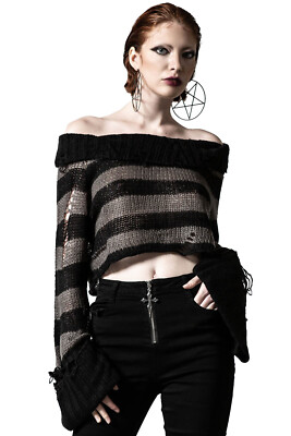 Killstar Gothic Goth Punk Strickpullover Crop Pullover - Visage Gestreift