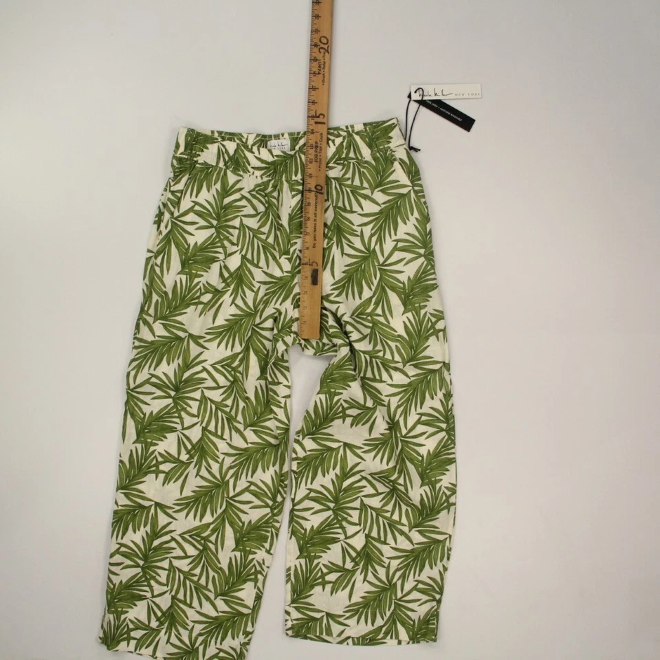 Pantalones Nicole Miller 100 % lino pierna ancha talla mediana verde hojas de palma nuevos con etiquetas Foto 3 de 4