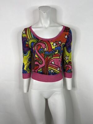 Vtg JOHN GALLIANO 2005 PINK PSYCHEDELIC PRINT KNIT LUREX TOP S