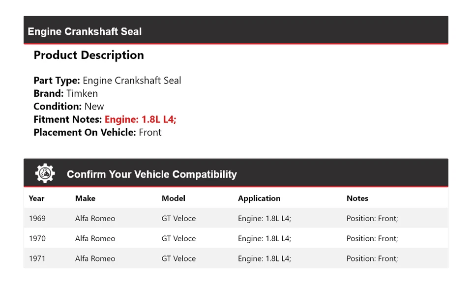Уплотнение переднего коленчатого вала двигателя Timken для Alfa Romeo GT Veloce 1,8 л L4 1969-1971 годов выпуска - Изображение 2 из 4