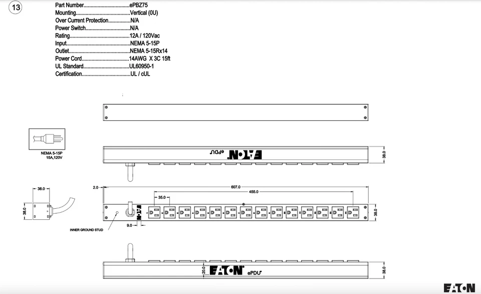 Eaton ePDU PN: EPBZ75 14 Outlets, 15-ft cord, 120V/15A, Black - Image 4 of 4