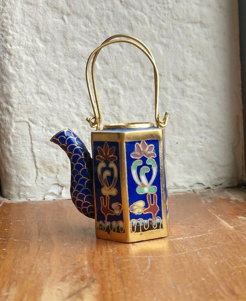 MINIATURE LONG HANDLE TEA POT BLUE GOLD ENAMEL LOTUS FLOWERS MINI eBay