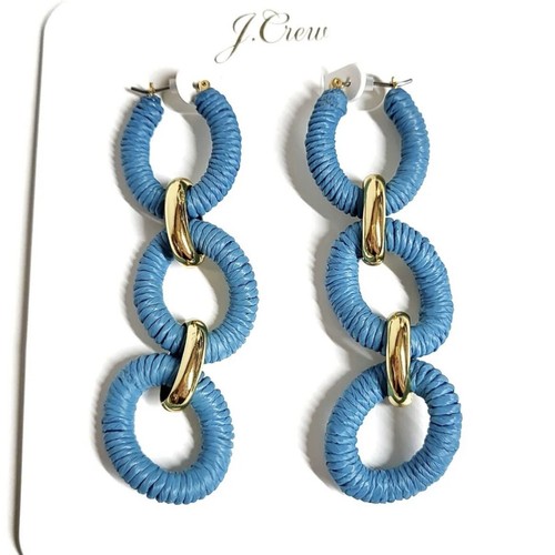 J.Crew Cotton Raphia Raffia Wrapped Chain Earrings Hydrangea Blue Gold $49 - Picture 2 of 9