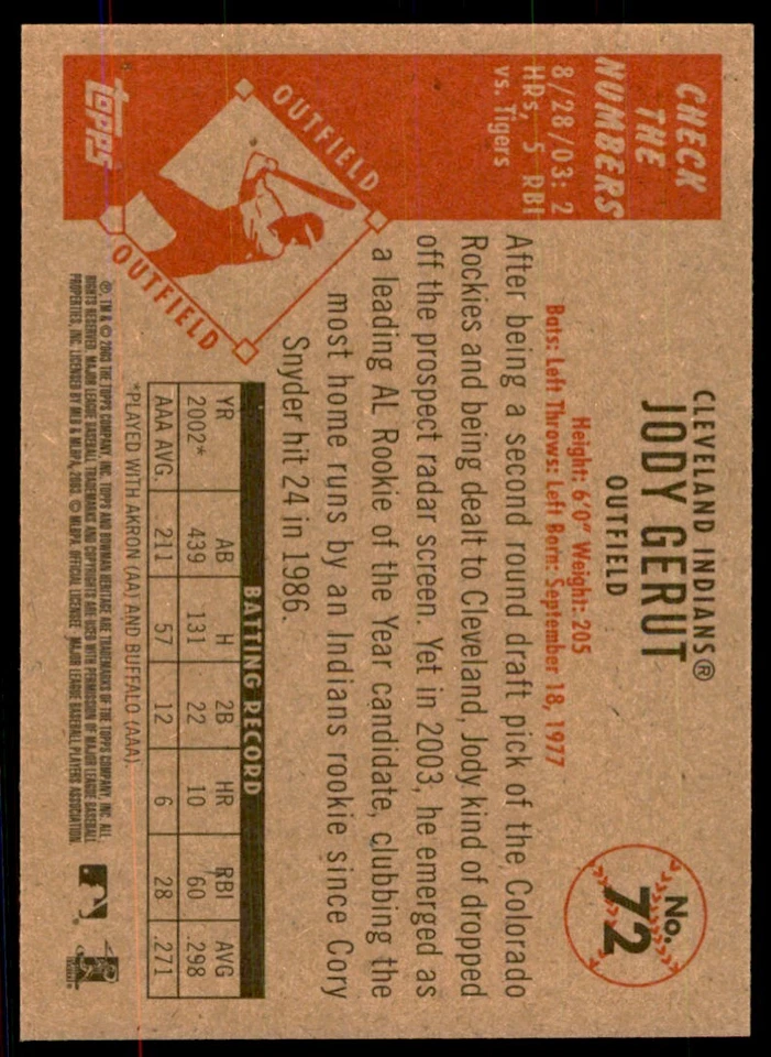 2003 BOWMAN HERITAGE JODY GERUT CLEVELAND INDIANS #72 - Image 2 of 2