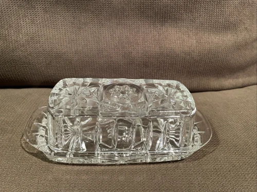 Vintage Anchor Hocking Star of David Cut Crystal Glass Butter Dish With Lid