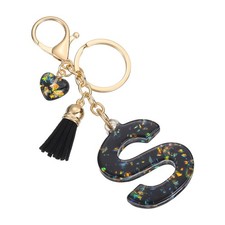 Initial Letter Keychain Cute Letter-S Bling Love Tassel Floral Charm Black