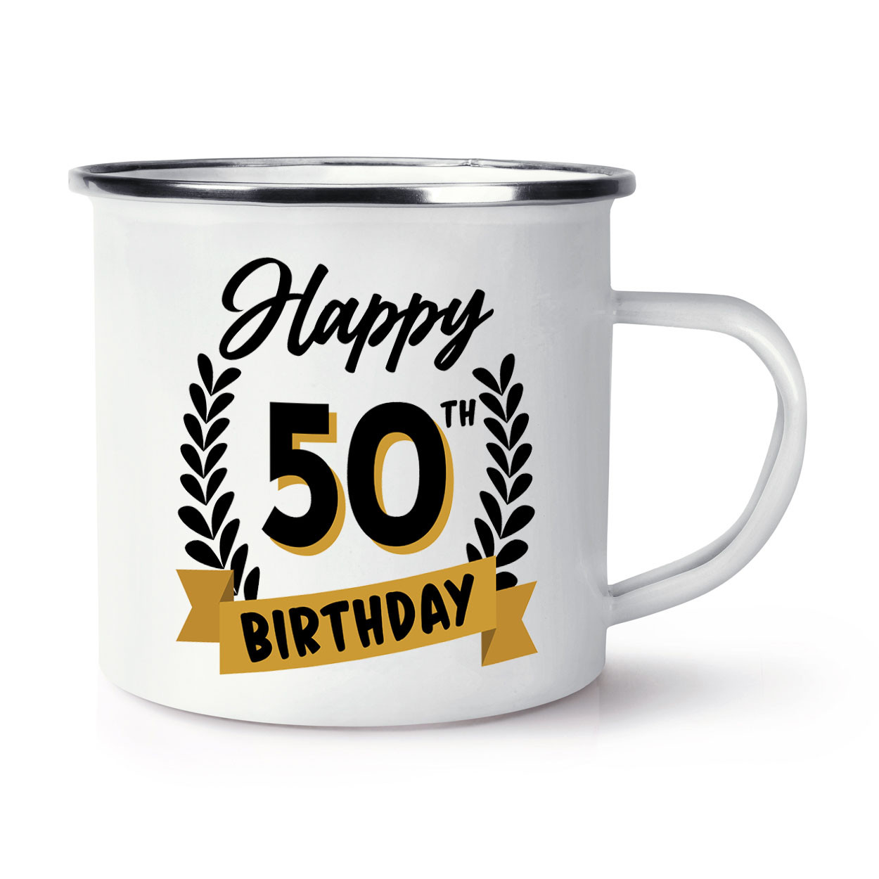 Happy 50th Birthday Black Gold Enamel Mug Cup Grandma Grandad Mum Dad
